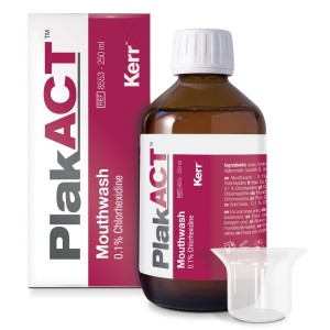 Colluttorio PlakACT, foto con scatola, bottiglia e bicchierino